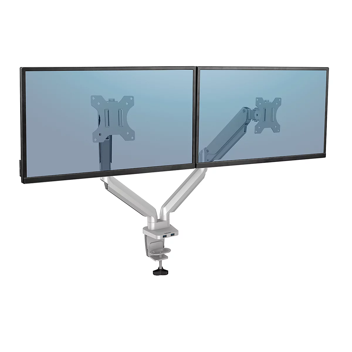 Fellowes Dual Monitor Arm Platinum - voor 2 schermen tot 32″ &amp; tot 8 kg - 2 USB-poorten - kabelbeheer - zilver