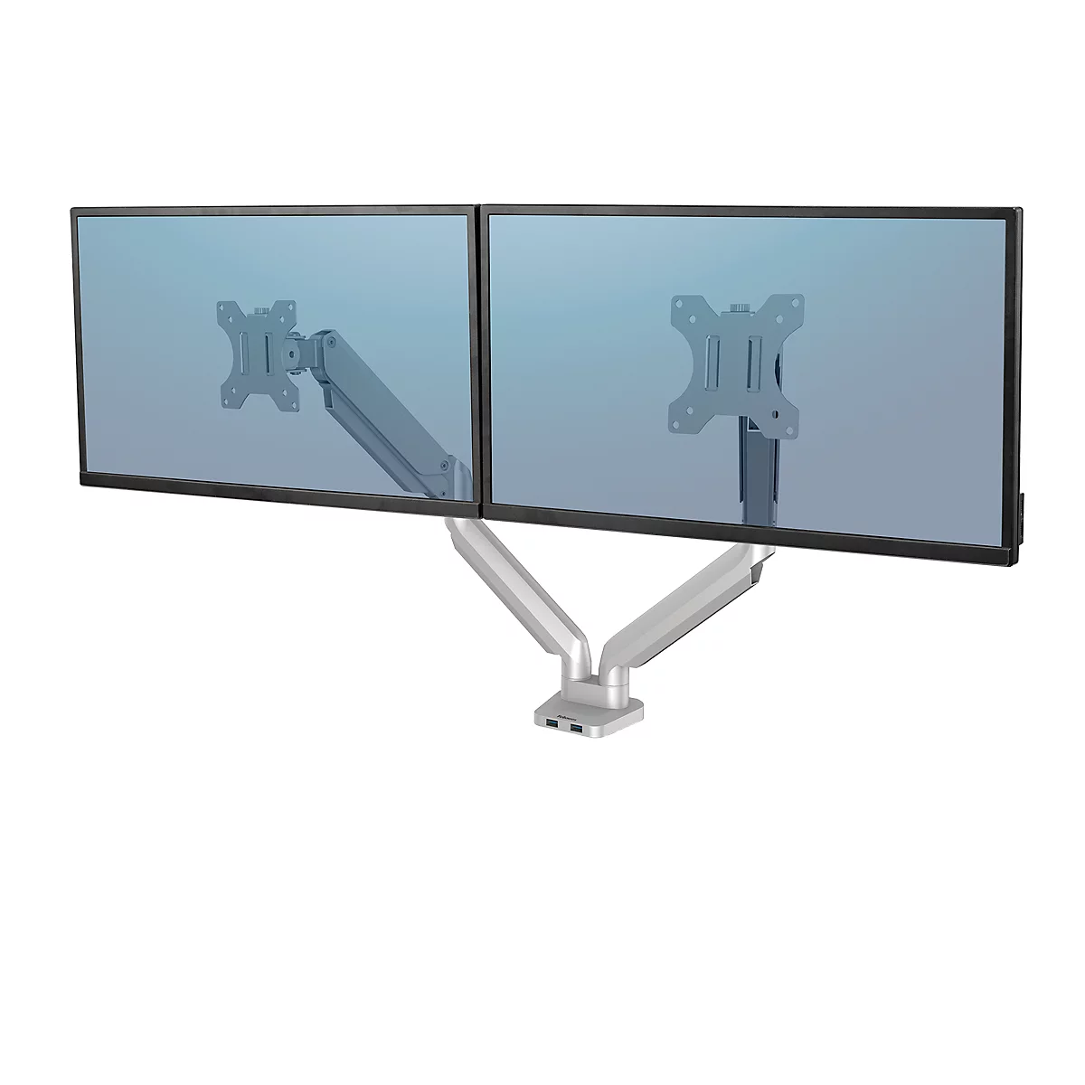 Fellowes Dual Monitor Arm Platinum - voor 2 schermen tot 32″ &amp; tot 8 kg - 2 USB-poorten - kabelbeheer - zilver