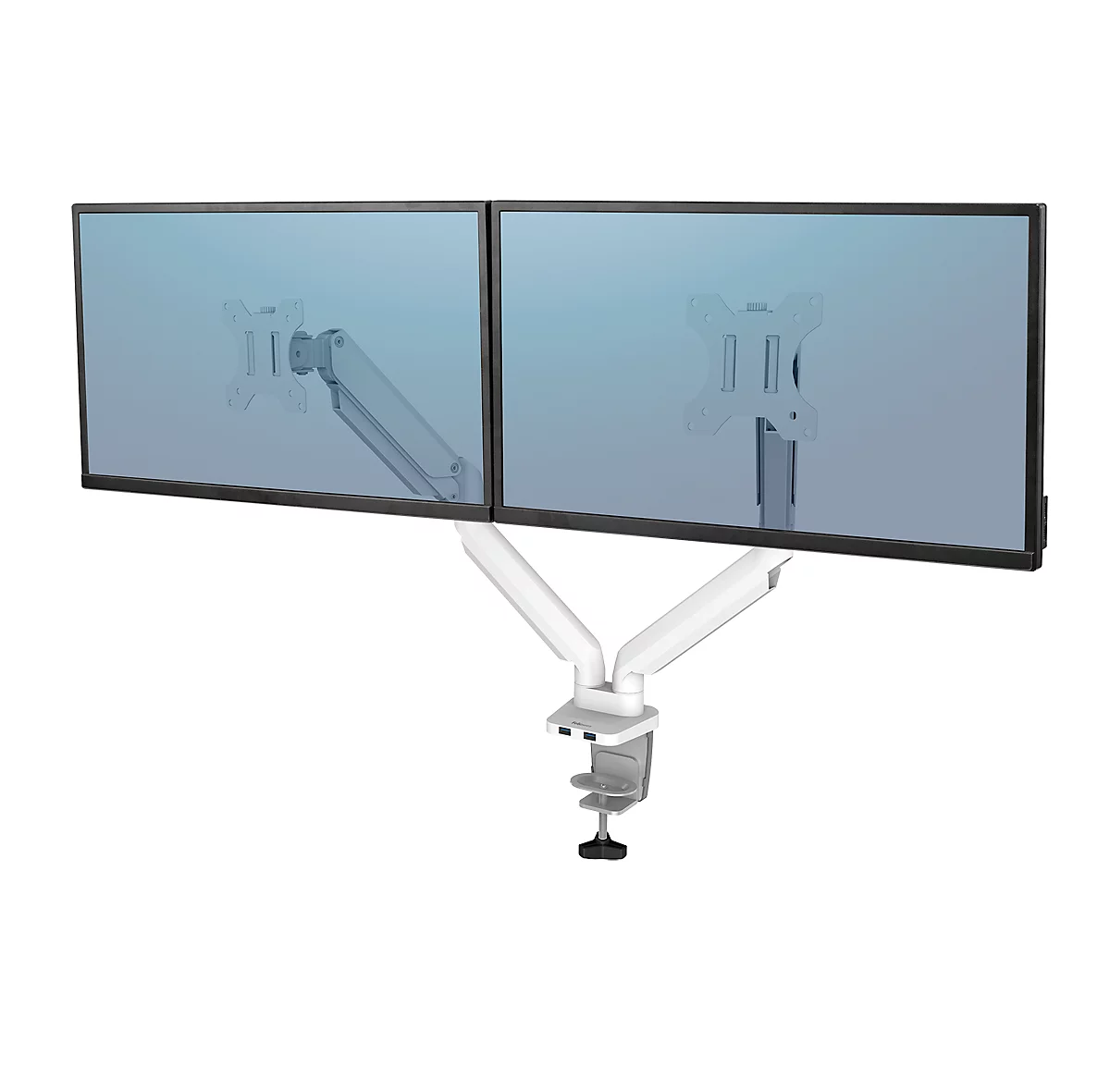 Fellowes Dual Monitor Arm Platinum, voor 2 schermen tot 32″ & tot 8 kg, draai- & kantelbaar, 360° draaibaar, 2 USB-poorten, kabelbeheer, wit