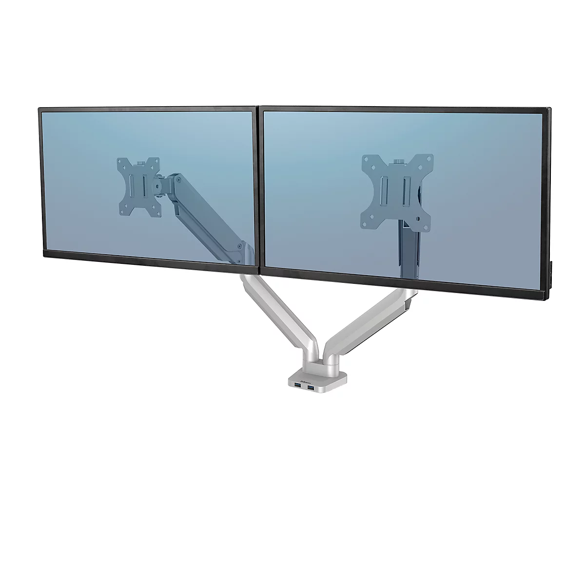 Fellowes Dual Monitor Arm Platinum, voor 2 schermen tot 32″ & tot 8 kg, draai- & kantelbaar, 360° draaibaar, 2 USB-poorten, kabelbeheer, zilver