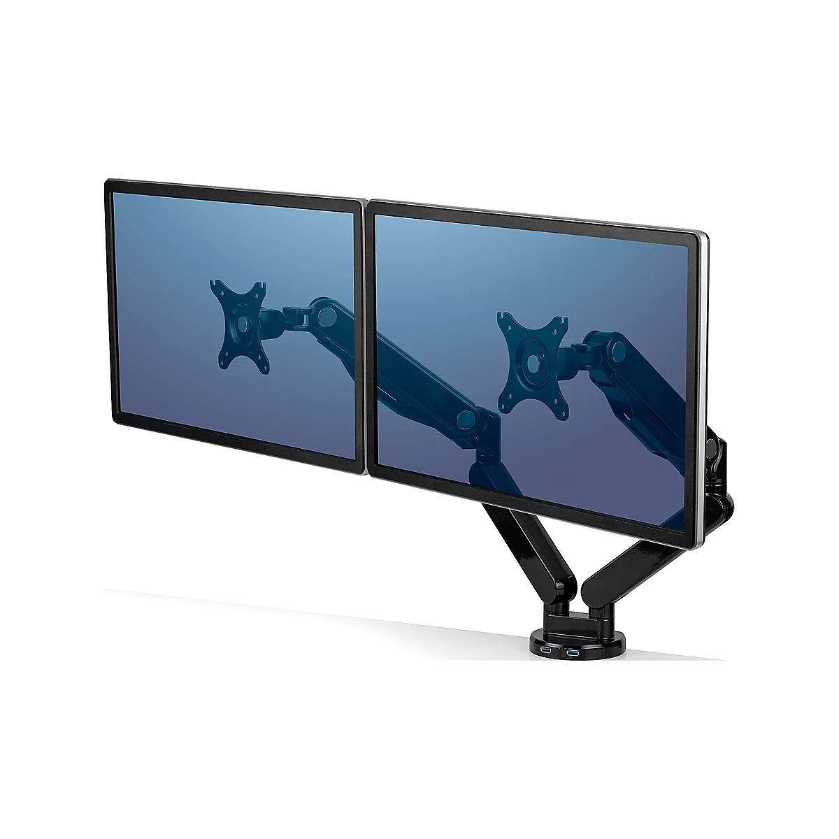 Fellowes Dual Monitorarm Platinum, für 2 Displays bis 32″ & bis 8 kg, schwenk- & neigbar, um 360° drehbar, 2 USB-Ports, Kabelmanagement, schwarz