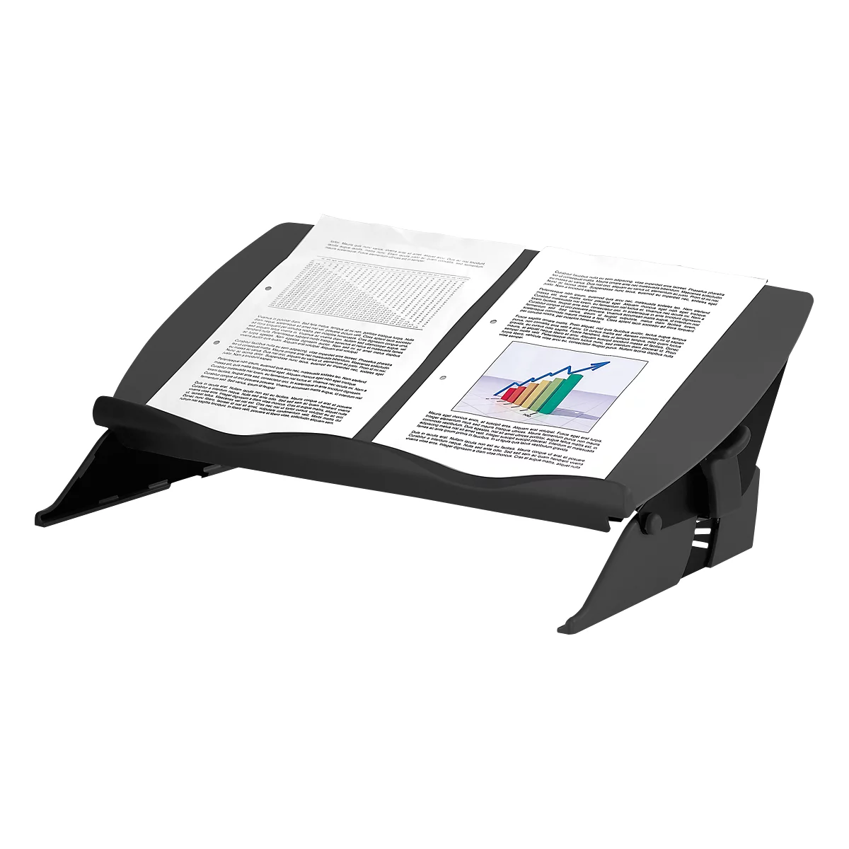 Black book stand holding two sheets of paper displaying diagrams and text.