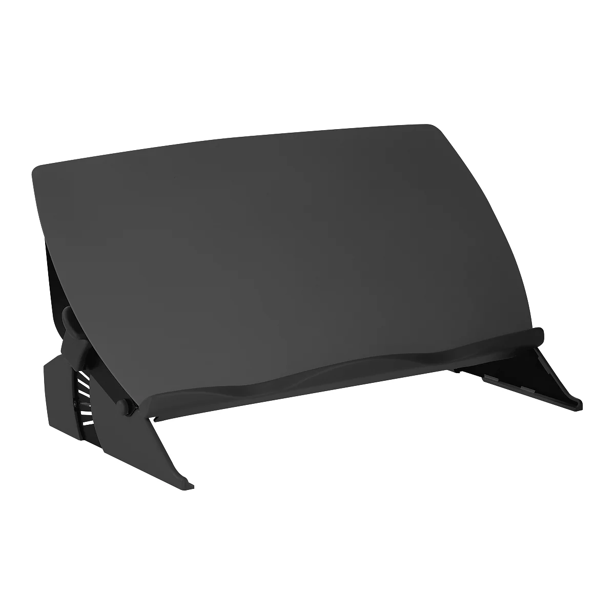Black, adjustable laptop stand; the stand is made of plastic and metal.