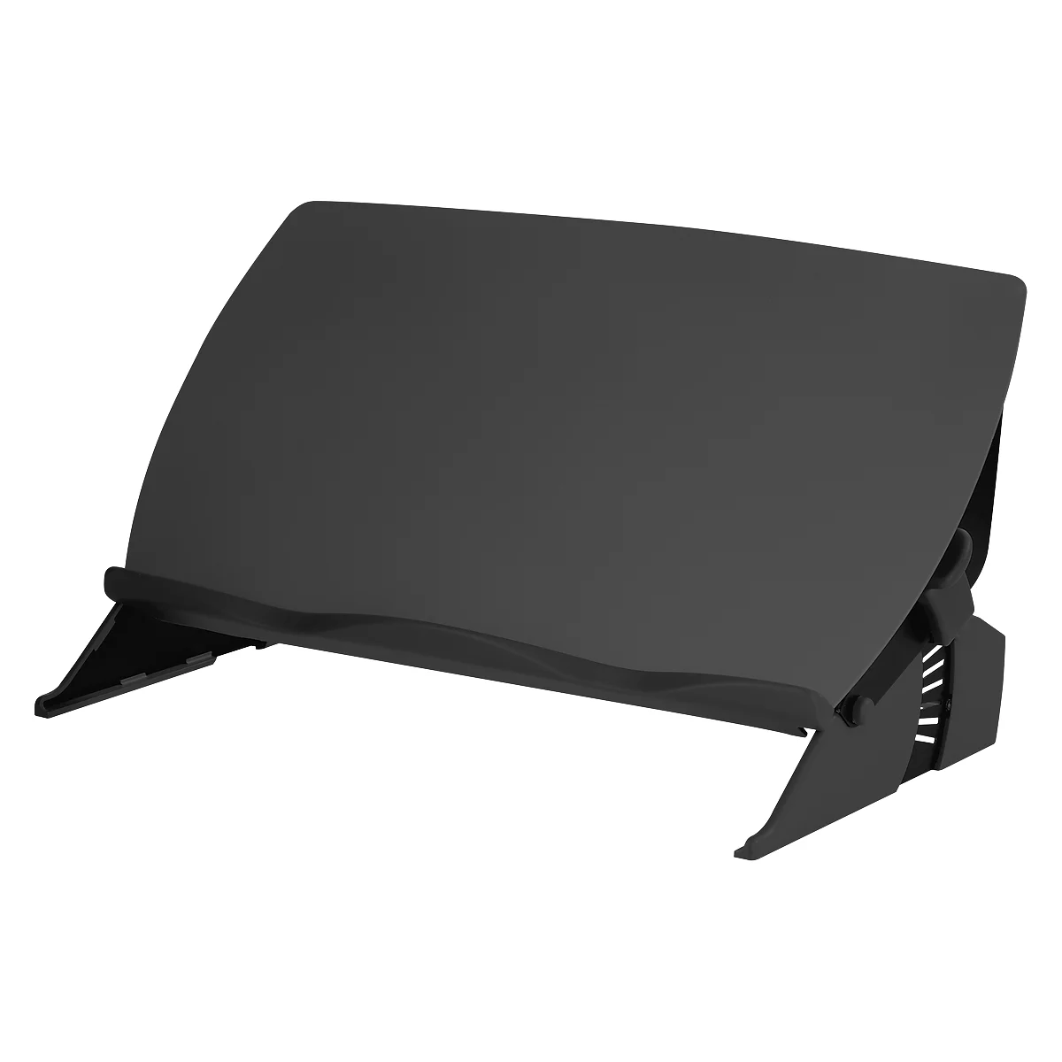 Black laptop stand, angled. The product has a large surface and two support legs.