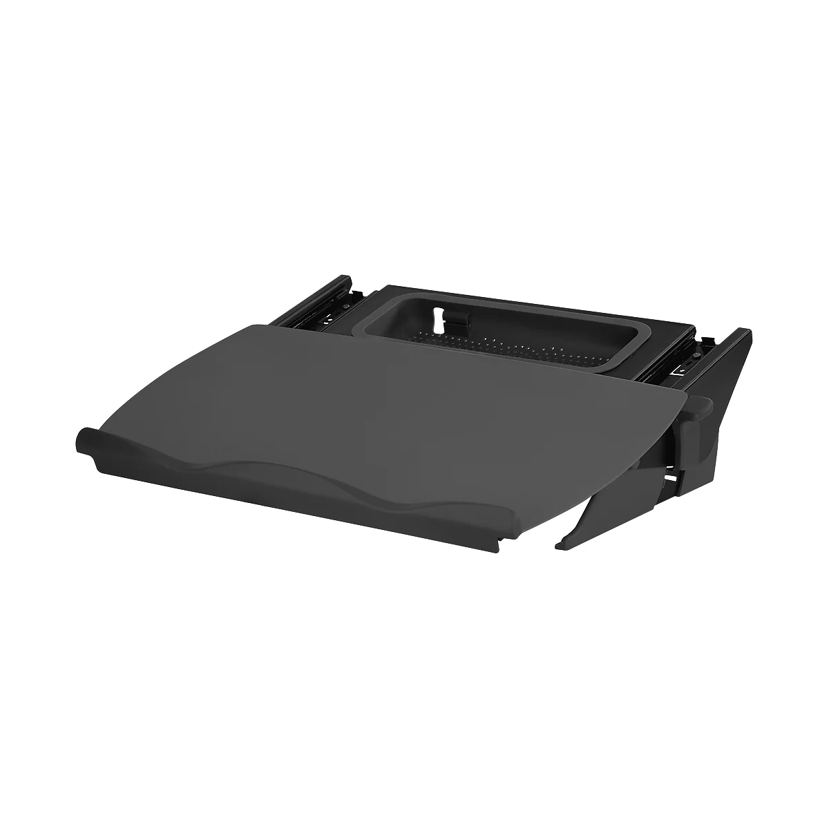 Black table, half pulled out, with storage area and brackets.