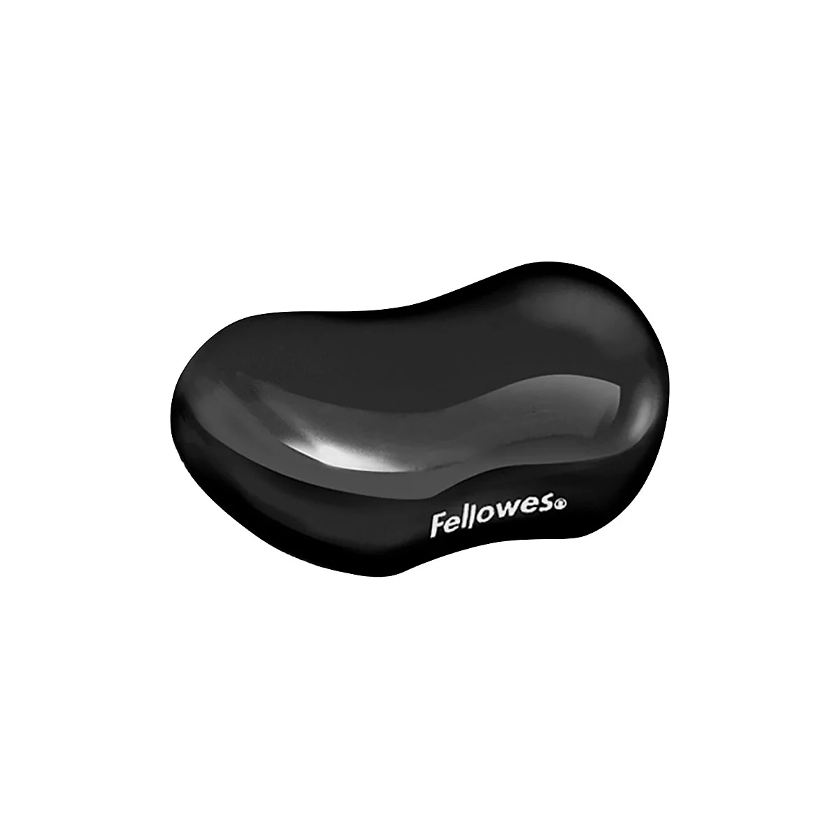 Schwarze, ergonomische Handgelenkauflage, geformt wie eine Bohne, mit "Fellowes"-Logo.