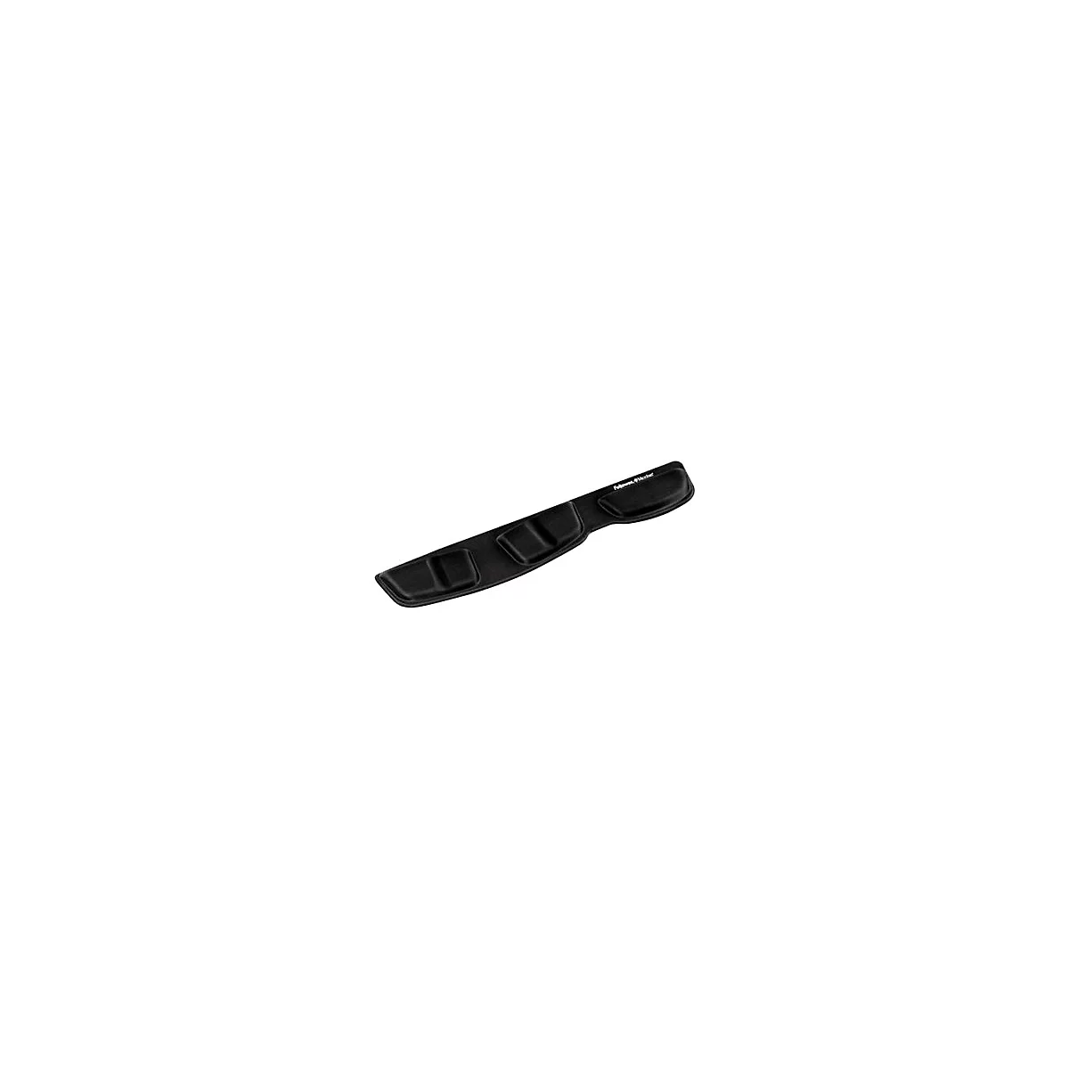 Schwarze Handgelenkstütze für Tastatur. Ergonomisches Design mit drei gepolsterten Bereichen und Firmenlogo.