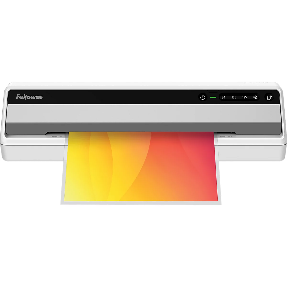 A laminator laminates a sheet of paper with a yellow-orange gradient.