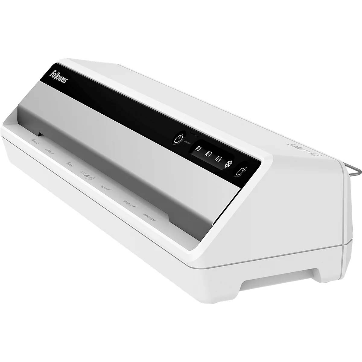 White Fellowes laminator. The device has a black control panel with buttons.