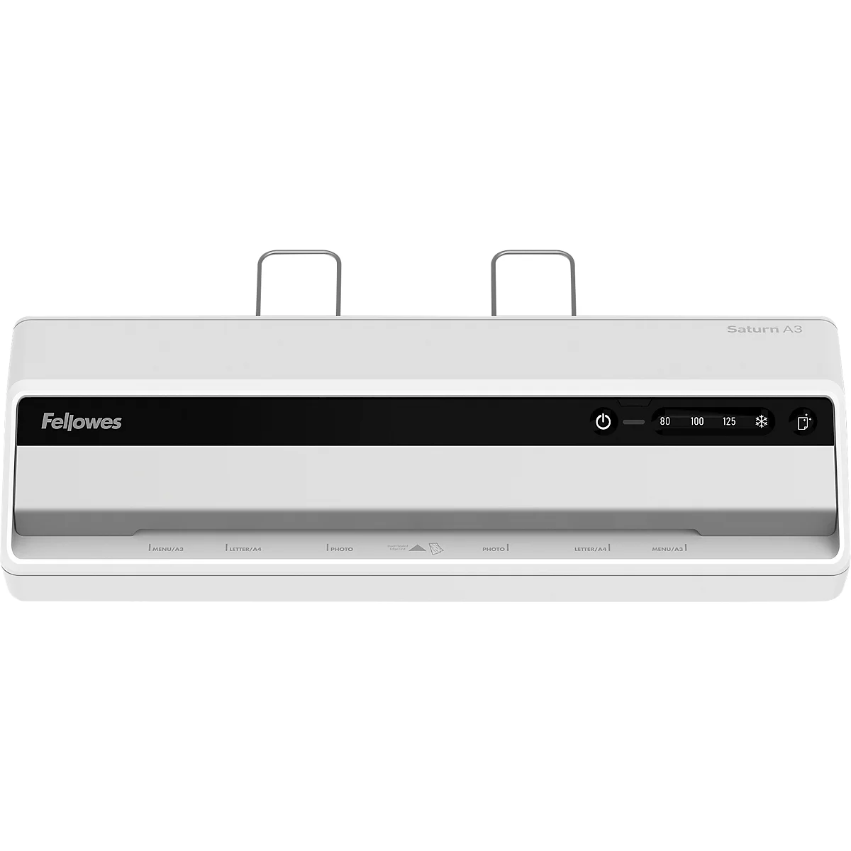 White Fellowes laminator. Black stripe with controls and text, two metal handles on top.