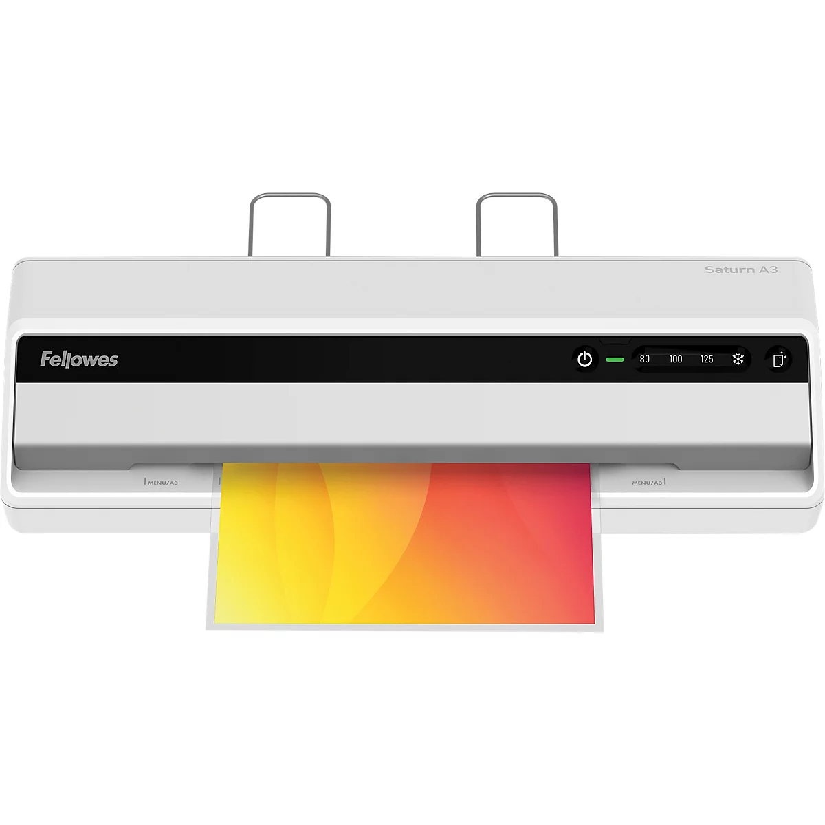 White laminator with black accent, a colorful sheet is being output. "Fellowes" is written above.