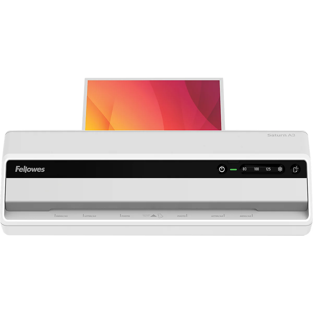 White Fellowes laminator with a black stripe. A screen with a red pattern on top. Buttons on the right, temperature display.
