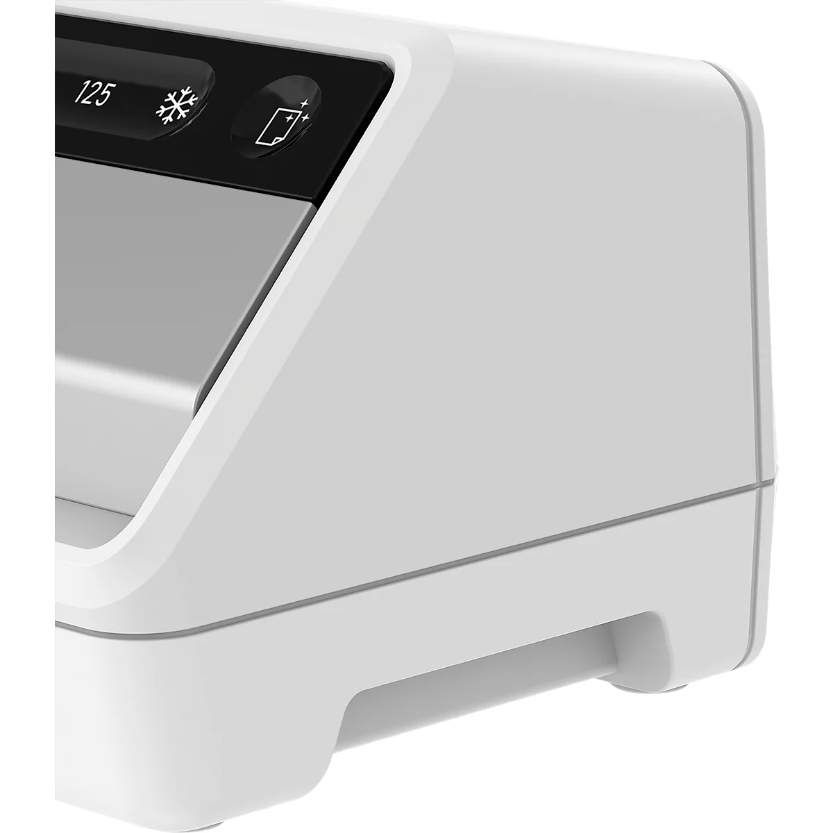 White device, detail shot. Top display with display 125, frost symbol and battery symbol.