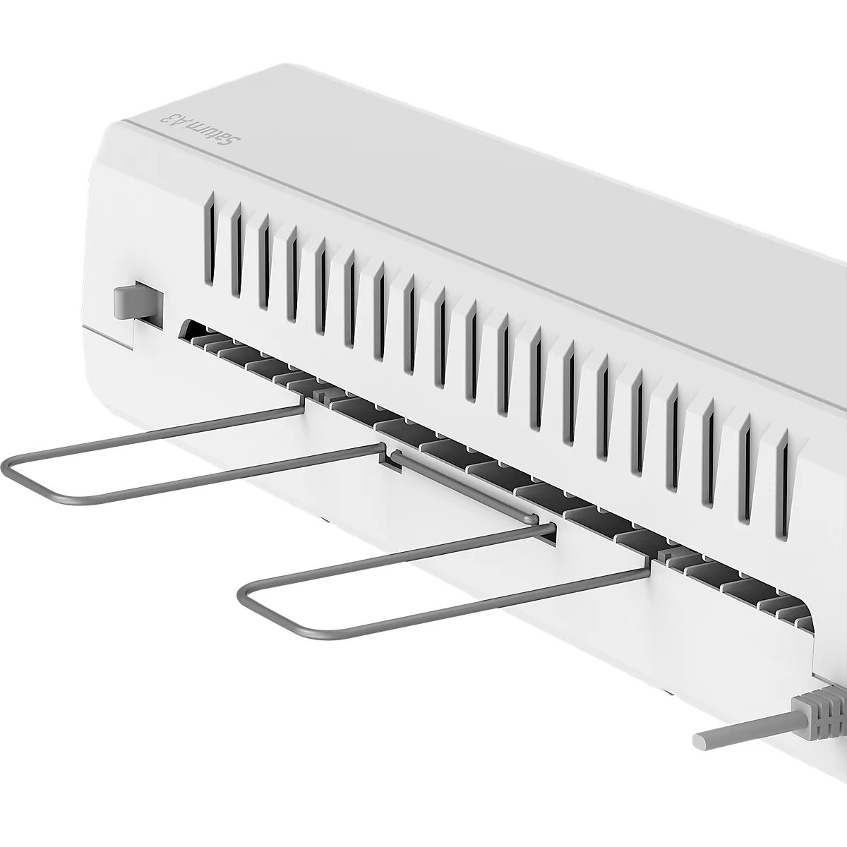 Close-up of a white, rectangular device with pull-out metal brackets.