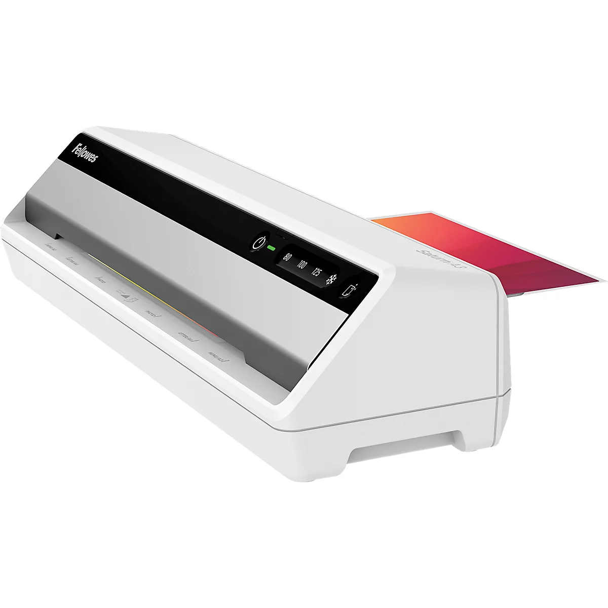 White laminator, black stripe, colored paper is being output.