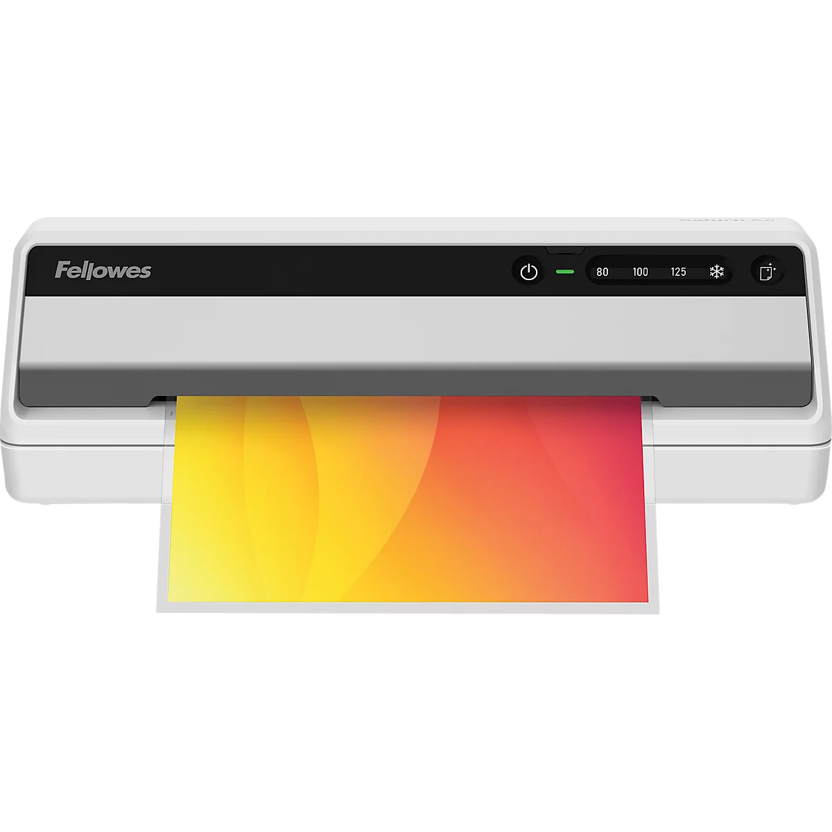 White Fellowes laminator. A colorful document is being laminated. Control panel with lettering, temperature display.