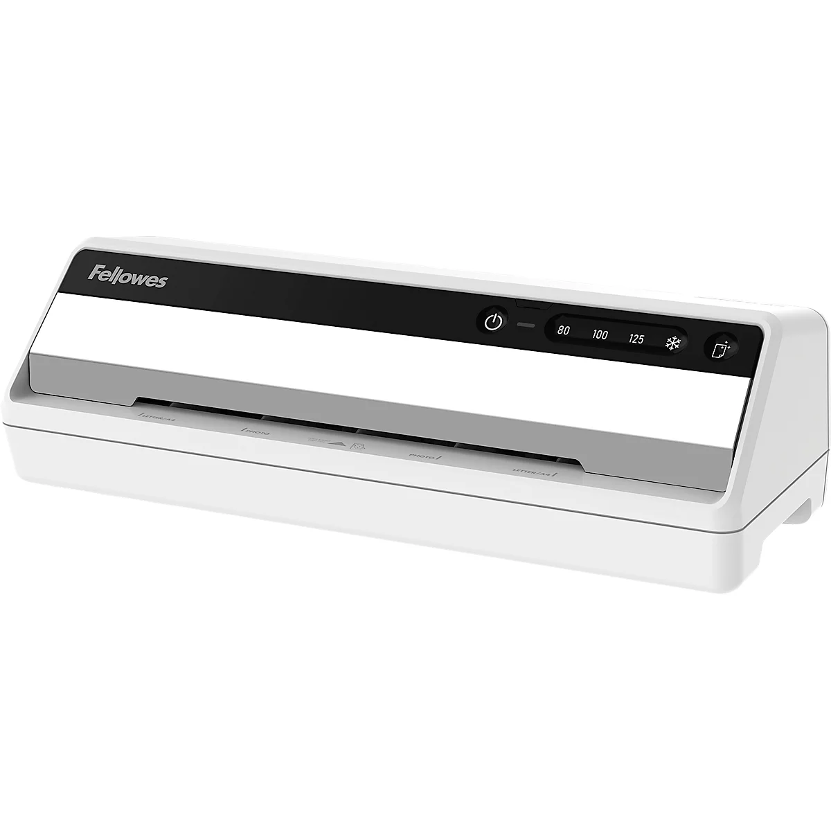 White laminator, black stripe with logo and control panel on top.
