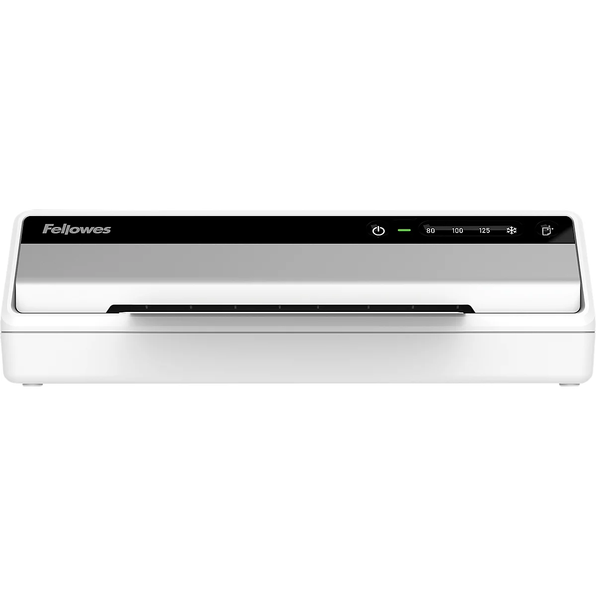 White Fellowes laminator. Black top, control panel with icons. White housing, with black slot.