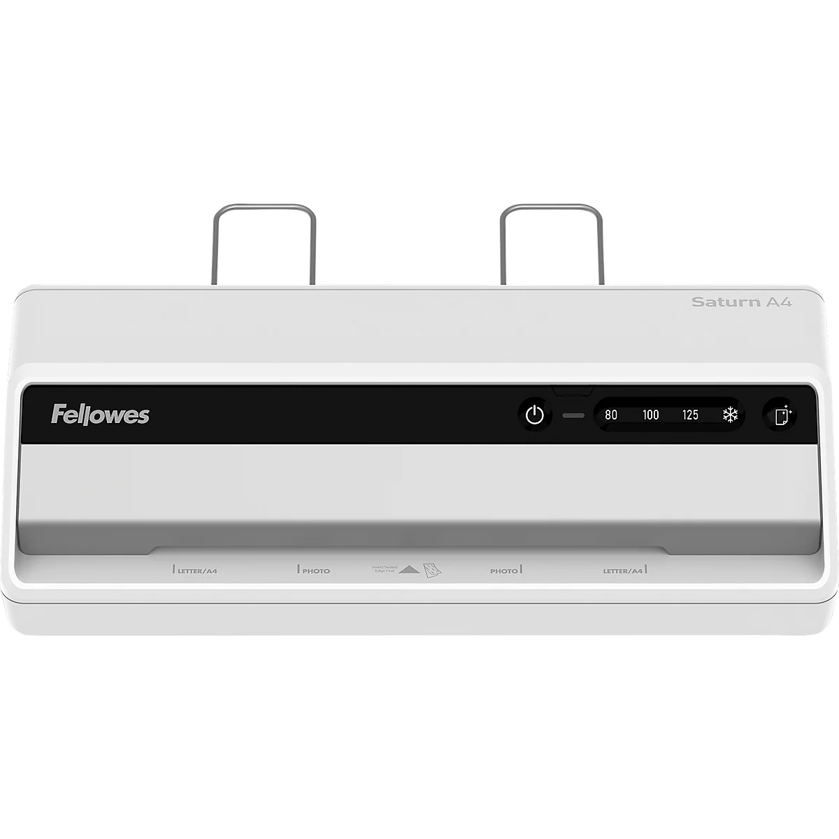 White laminator with black controls. Two handles at the top, labeled "Fellowes" and "Saturn A4".