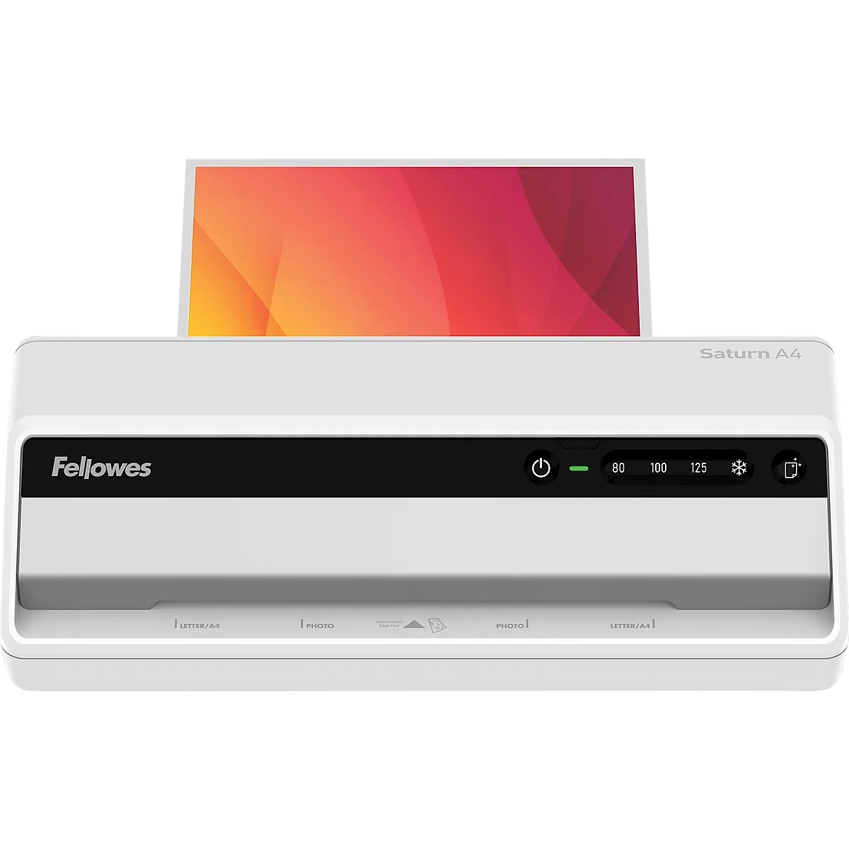 White laminator with black bar, display, and paper with red gradient inserted.