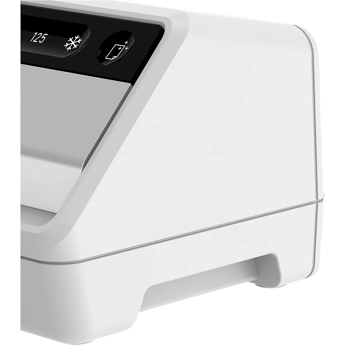 Close-up of a white electronic device with black control panels. Numbers and symbols are visible on the buttons.