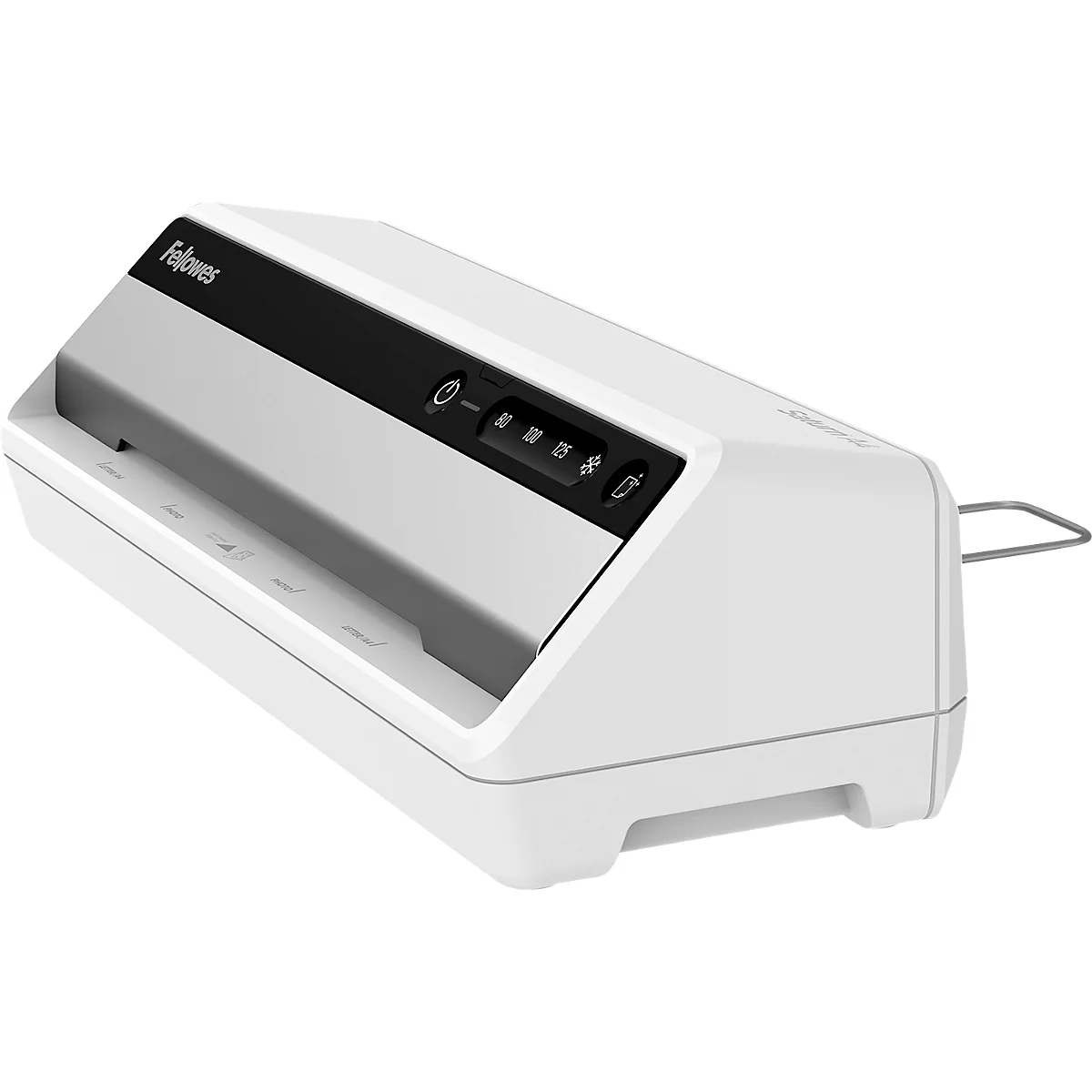 White laminator, black control panel, Fellowes brand, buttons, temperature display.