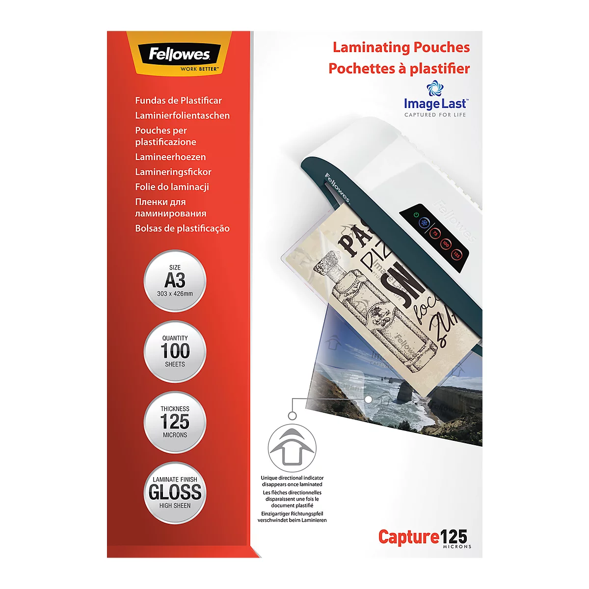 A pack of laminating pouches next to a laminator. Details: A3 size, 100 sheets, 125 microns, gloss. Text: "Fellowes", "Image Last".