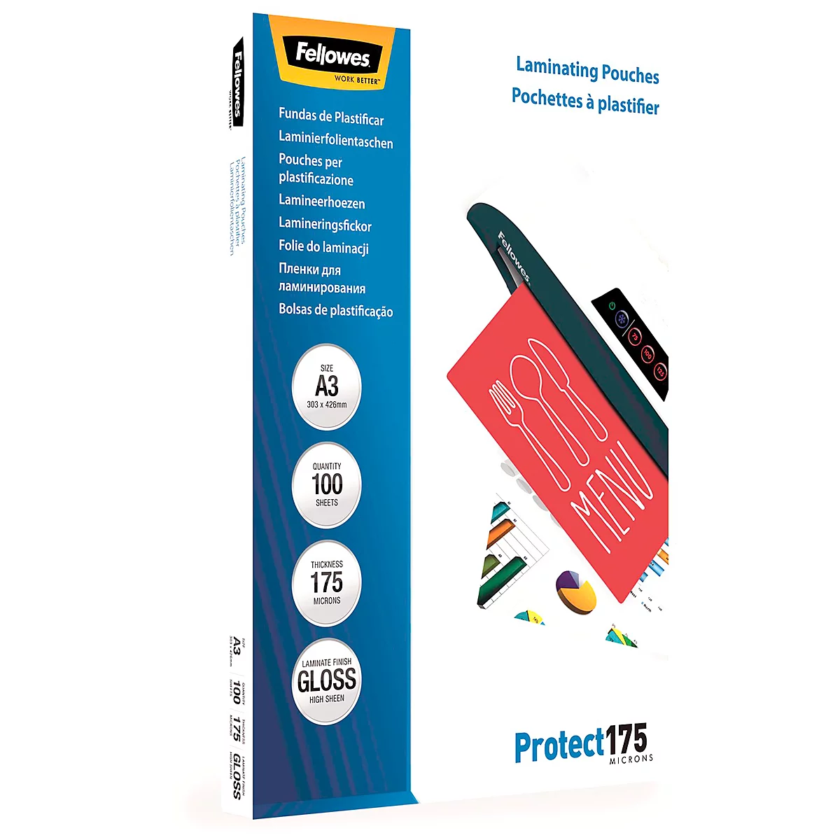 A product image showing laminating pouches with a menu card in front of a laminating machine.