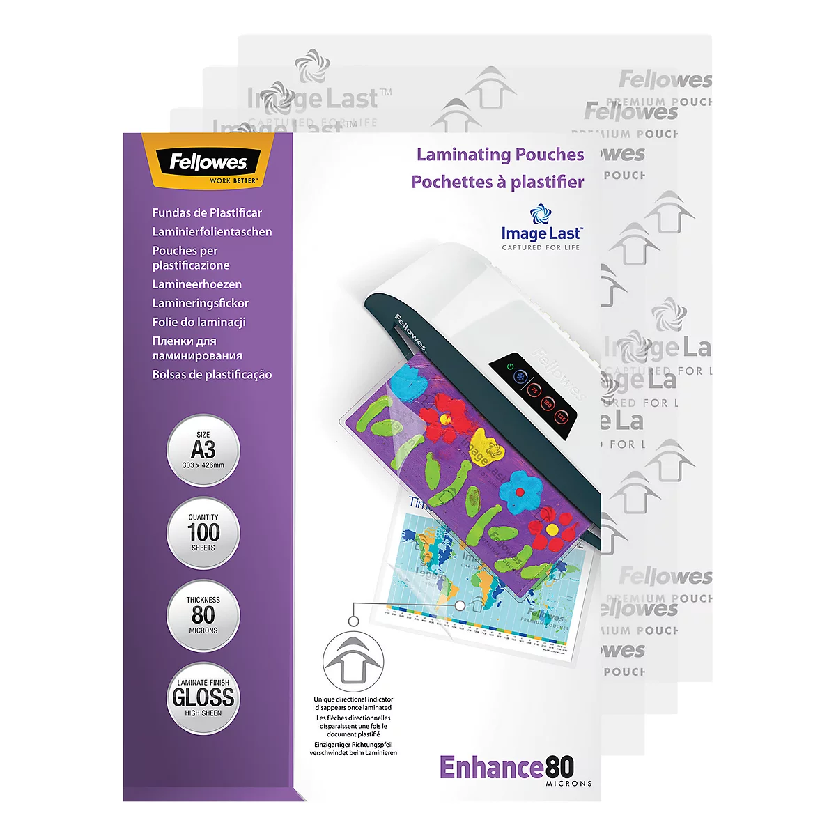 A laminated world map and a fabric pattern with colorful flowers in a laminating pouch. Next to it, the packaging of laminating pouches.