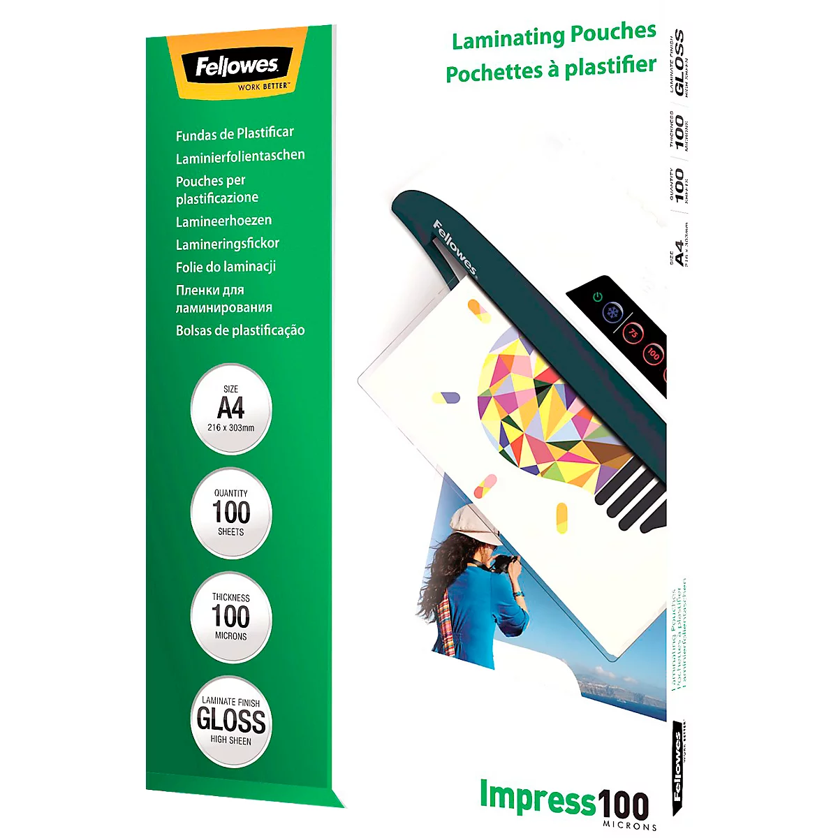 A pack of laminating pouches with product information and a person laminating.