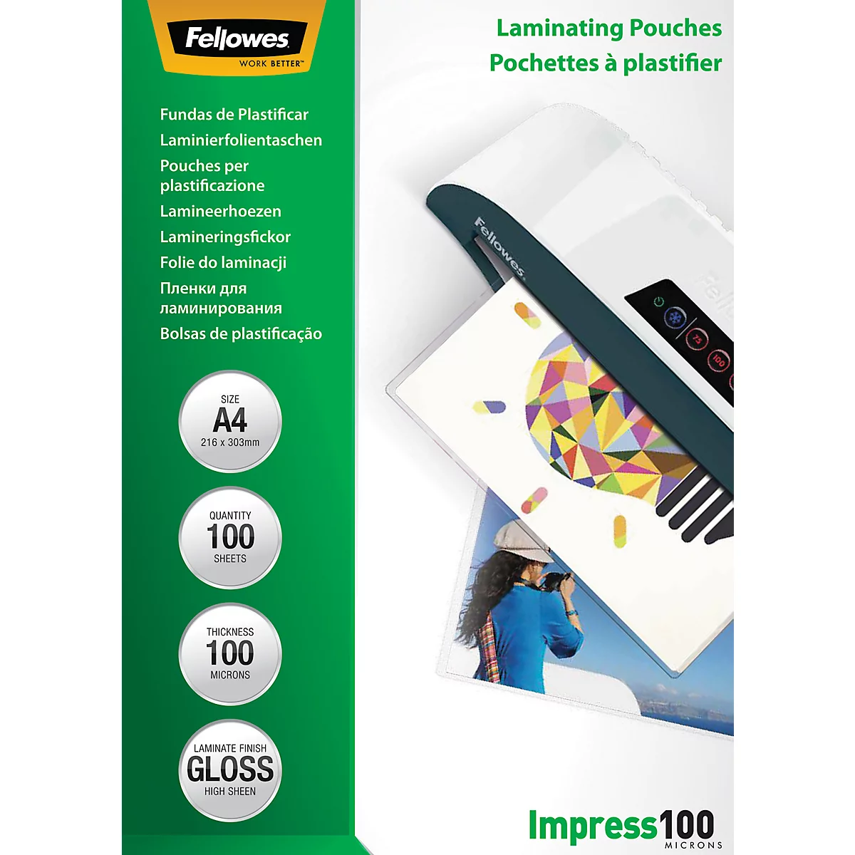 Packaging of laminating pouches showing a laminated template and information like size, thickness, and gloss.
