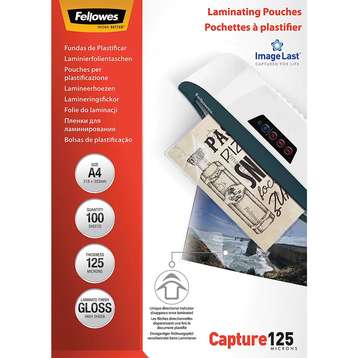 A Fellowes laminating pouch package. On the right is a laminator with a laminated note being inserted.