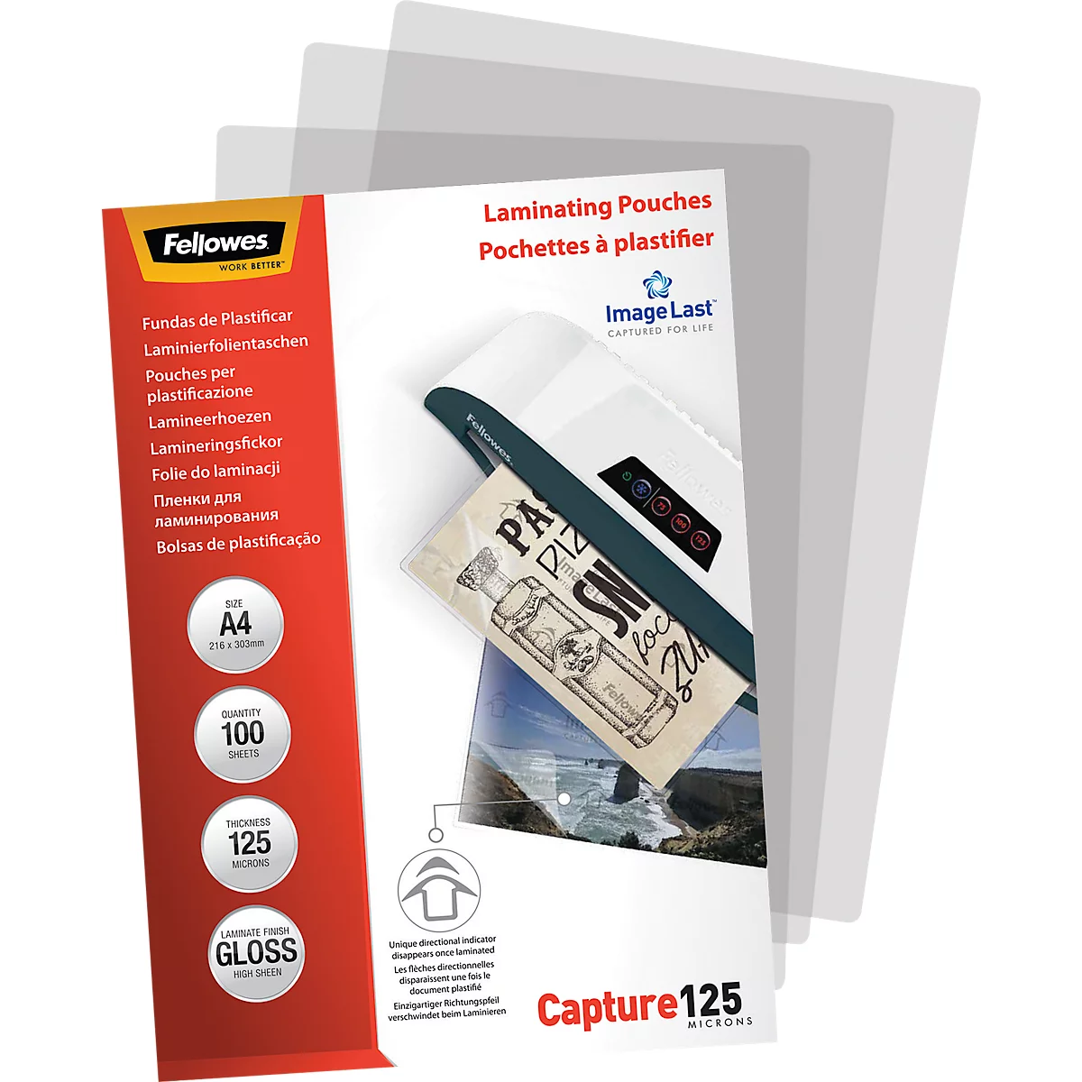 Pack of laminating pouches with a paper sheet inserted, a laminating machine in the background. Labels with information.