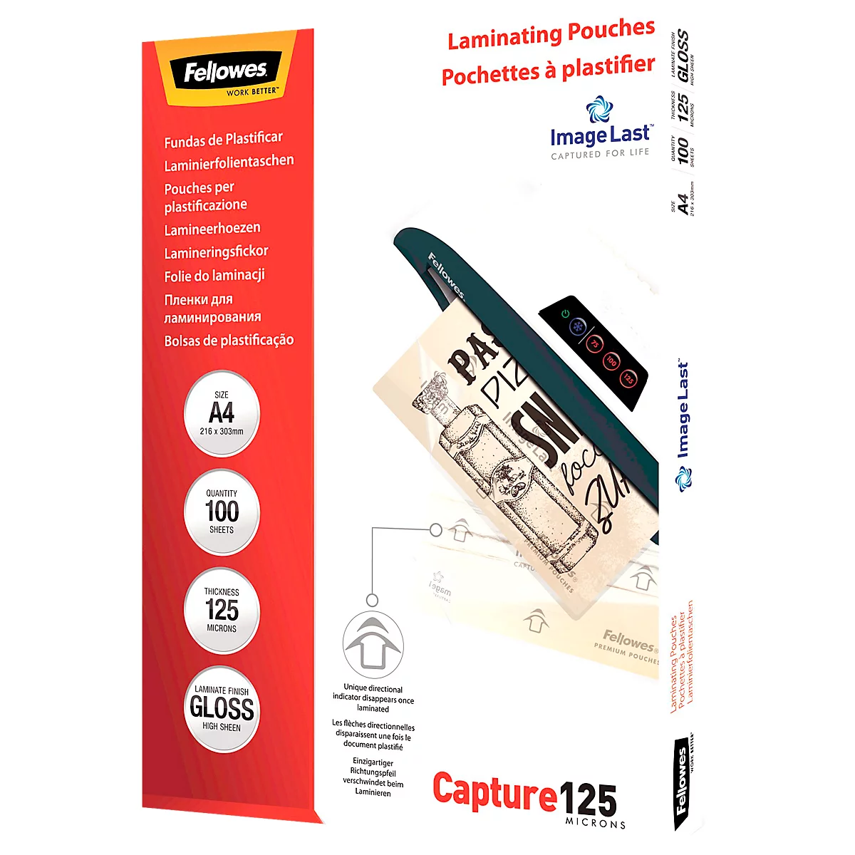 A package of laminating pouches with information on size, quantity, and thickness. A laminated document is shown on the package.