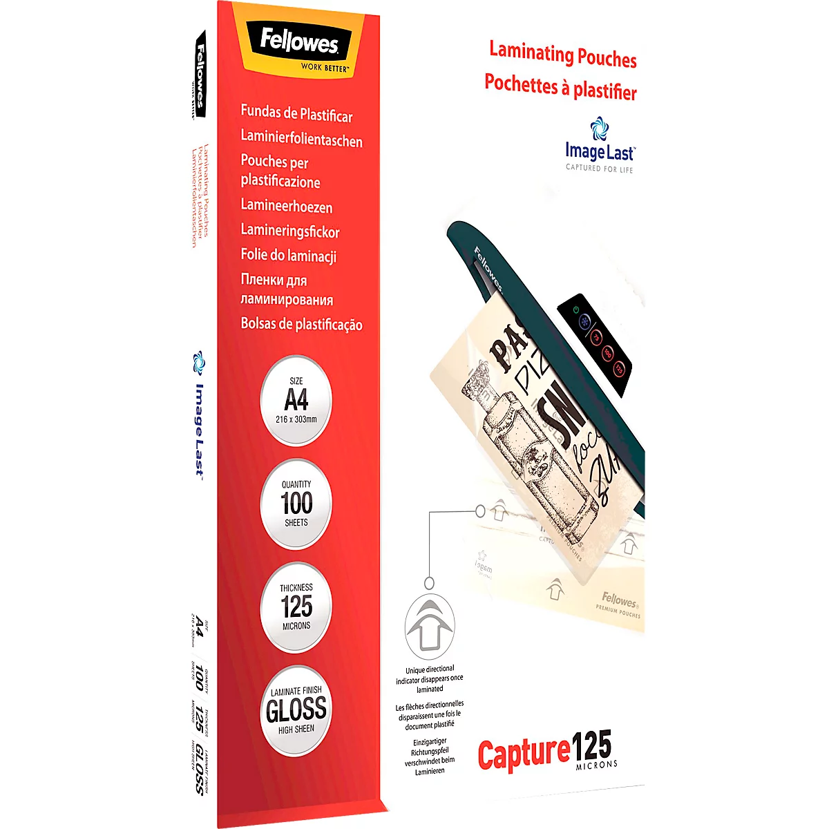 Package of laminating pouches with product details. A laminated paper is shown on the right.