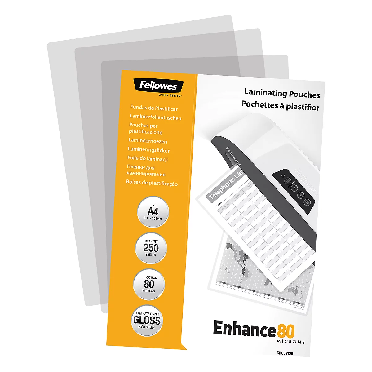 Package of Fellowes laminating pouches. Printed are information about size, quantity and thickness of the films.