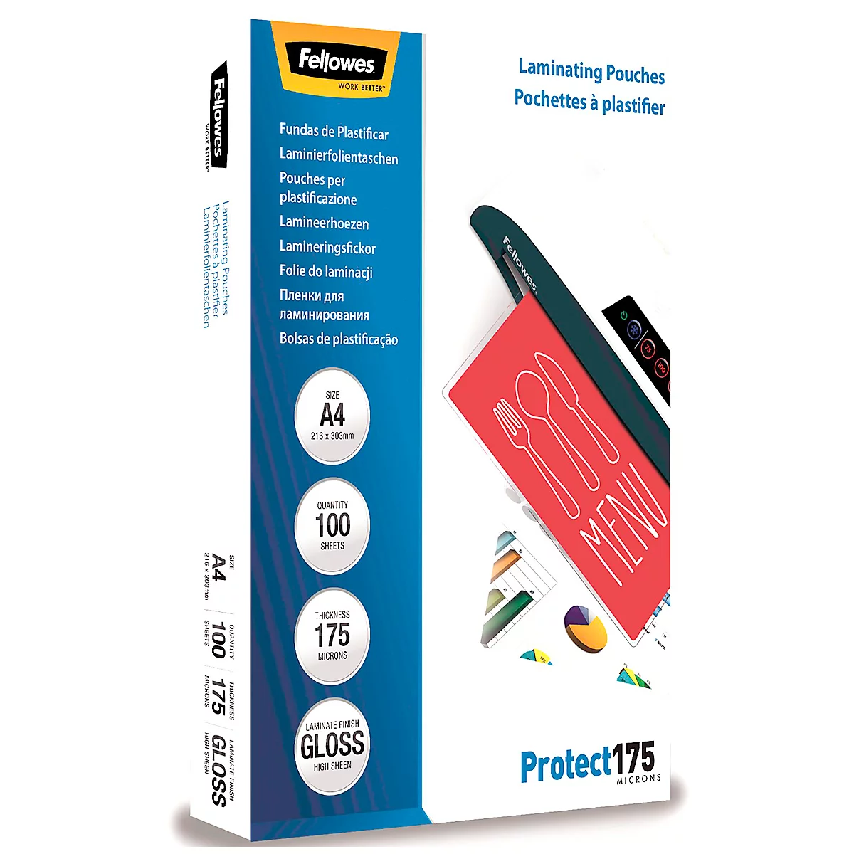 Packaging with laminating pouches. Printed information includes A4, 100 sheets, and 175 microns. An example of a laminated menu is visible.