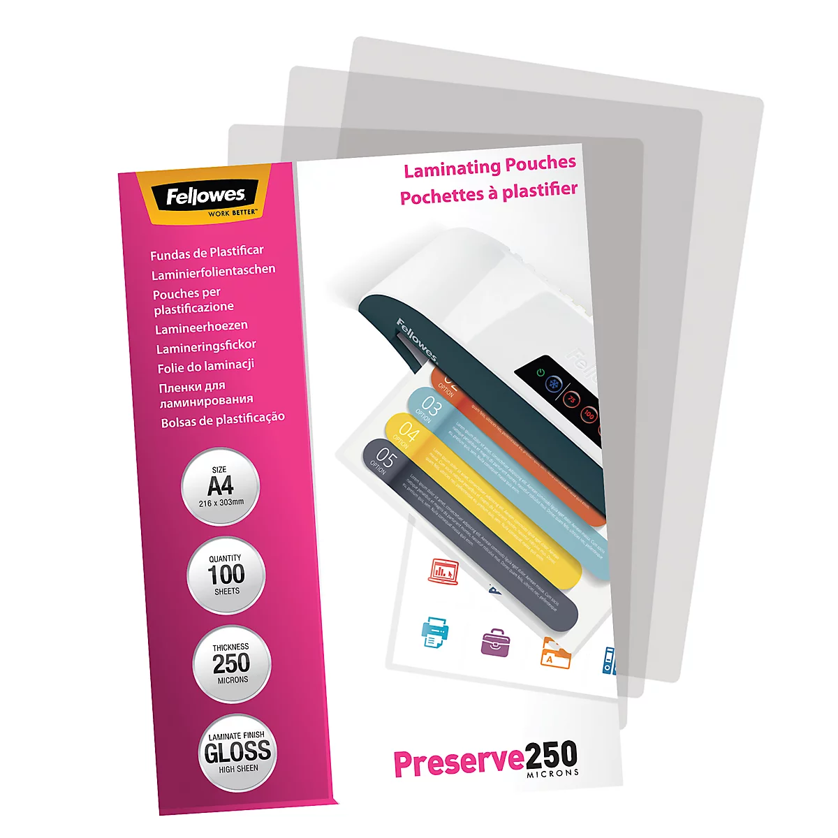 Product image of laminating pouches with product description, A4, 250 microns and gloss.
