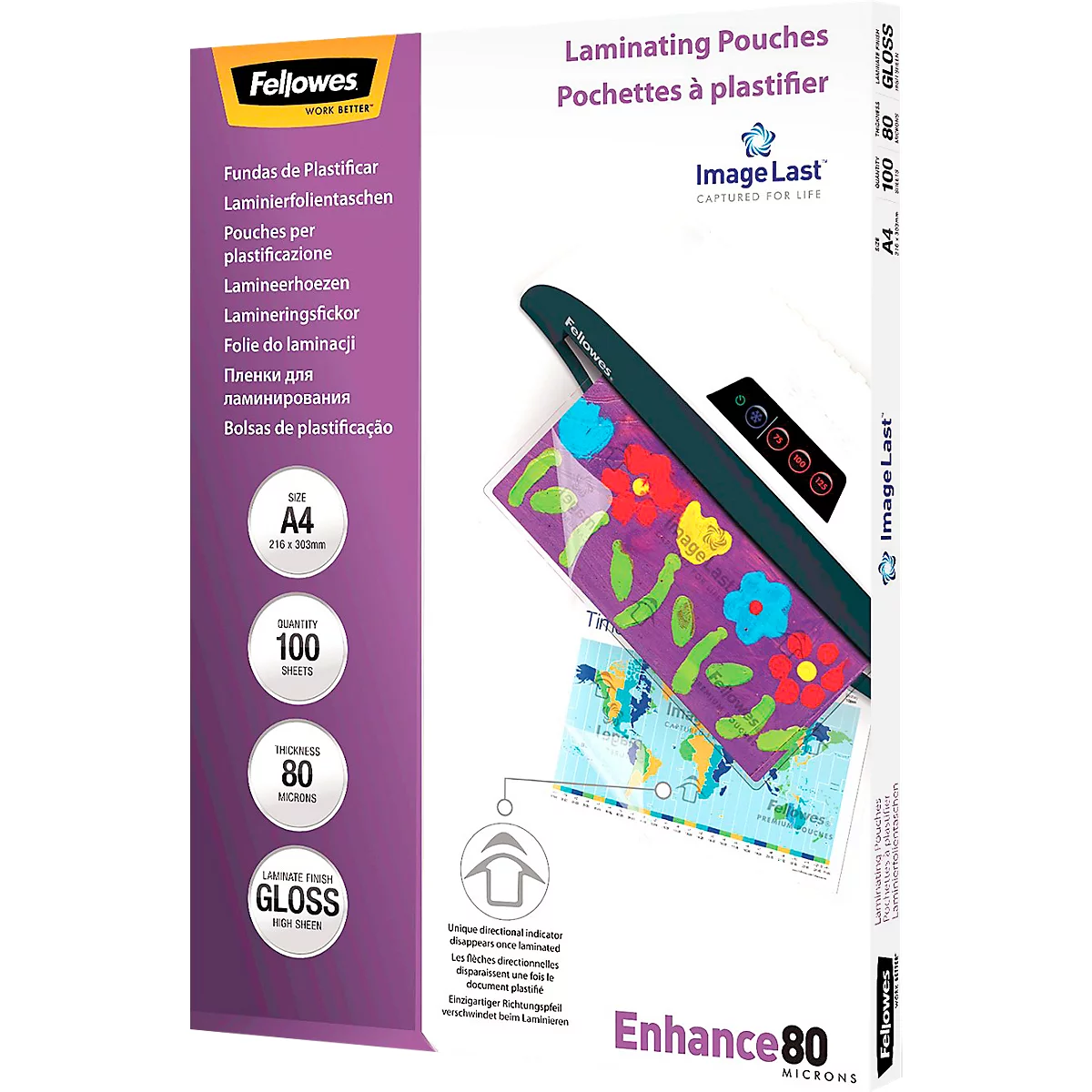 Product packaging with laminating pouches, A4 size, 100 sheets, 80 microns, glossy. Printed text and a design with flowers are visible.