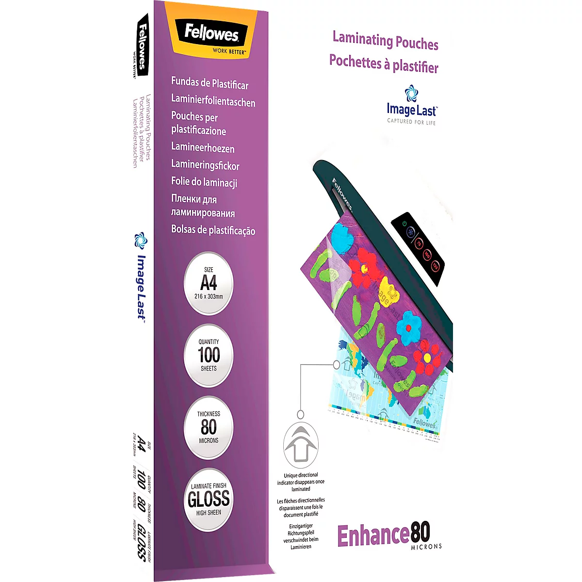A purple Fellowes laminating pouches package next to a device showing a laminated card.