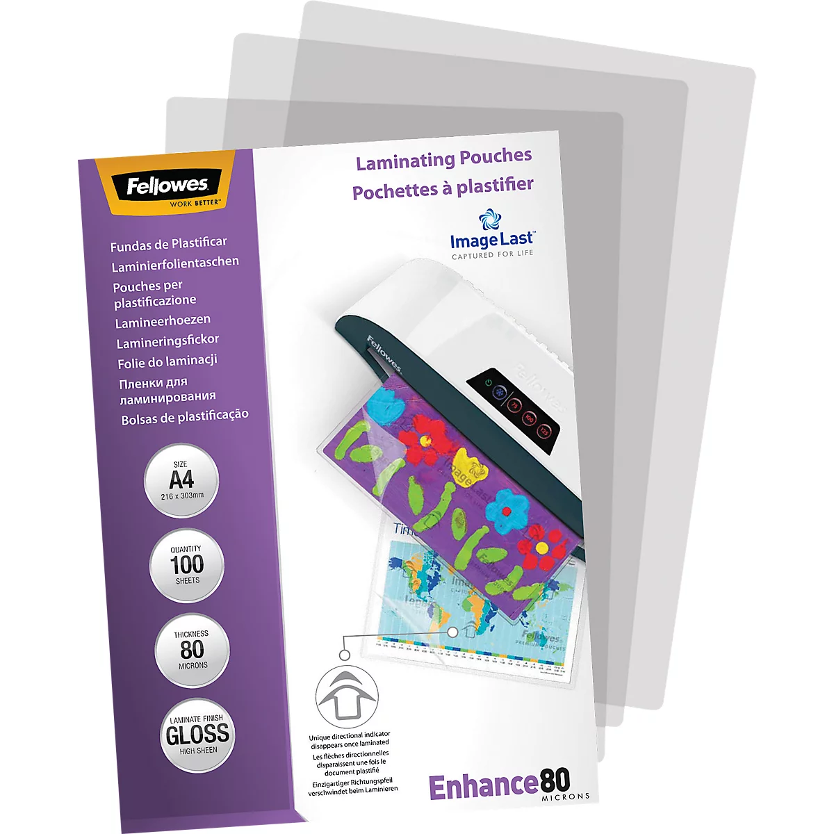 Product image: Pack of laminating pouches with laminated sheet inserted, details shown. Brand name and product details are readable.
