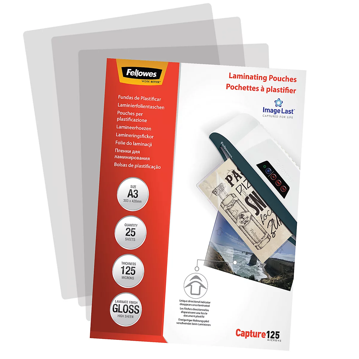 Transparent laminating pouches and product packaging with information on size, quantity and gloss.