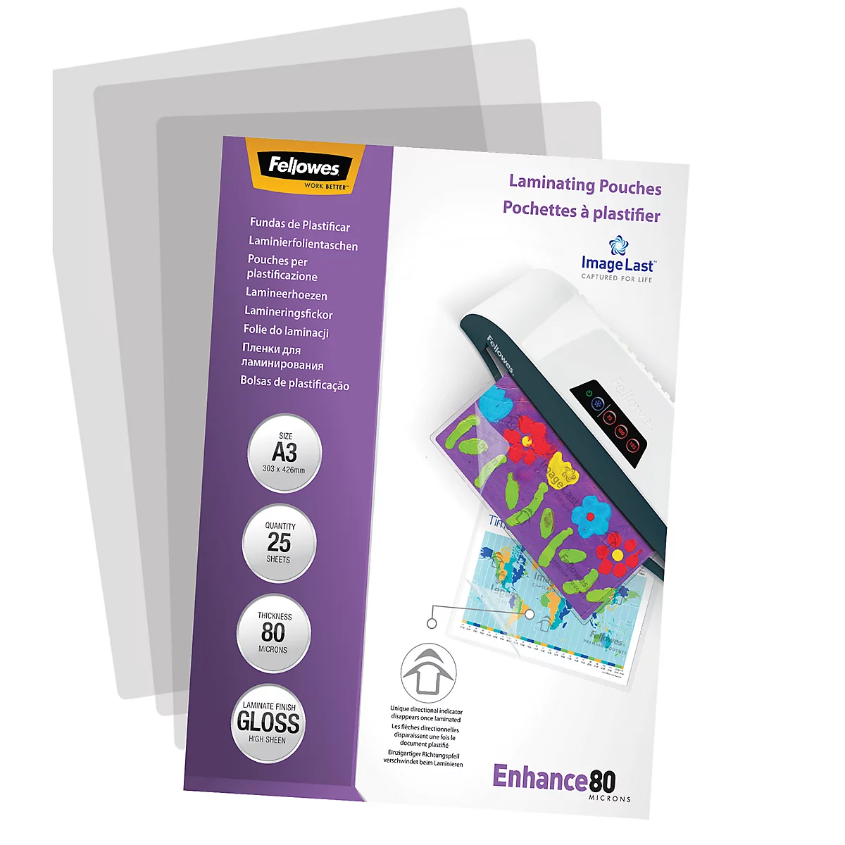 A package of A3 laminating pouches with 25 sheets, next to a laminator.