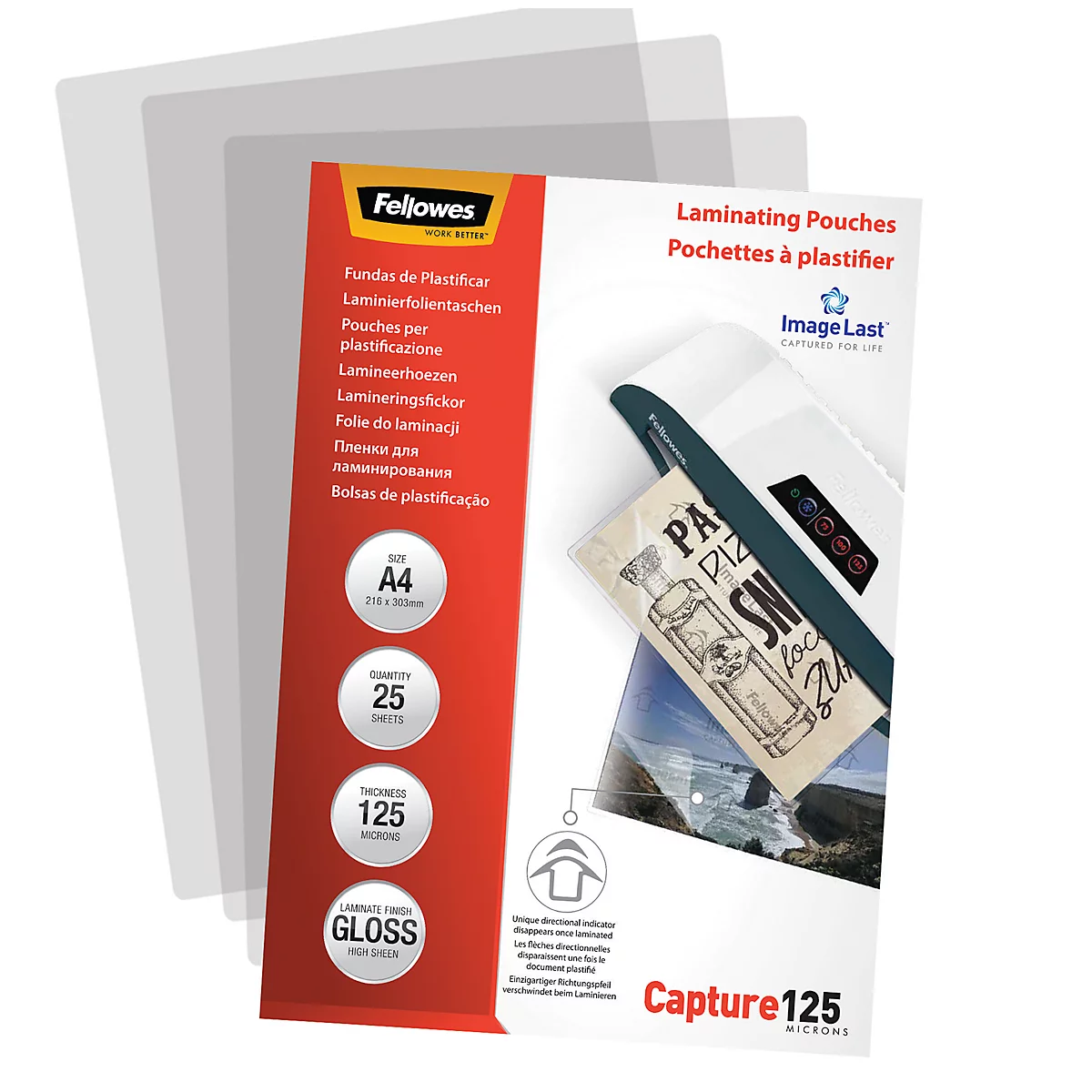 Product packaging with laminating pouches. Inscriptions: Fellowes, A4, 25, 125, Gloss. Transparent foils in the background.