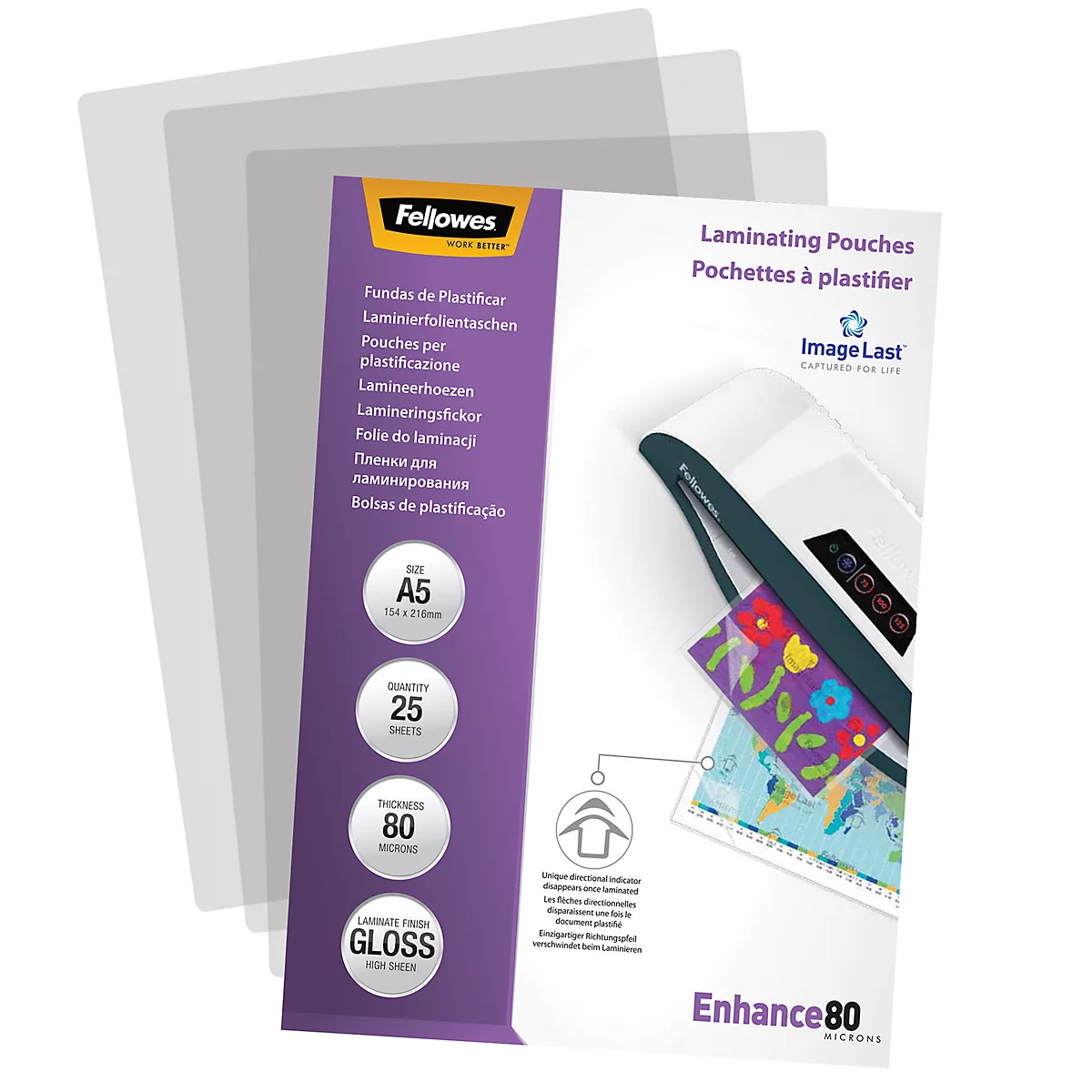 Clear plastic sheets and a product packaging with the inscription 'Fellowes'. Printed on it are product information, such as the size A5 and the thickness of the films.