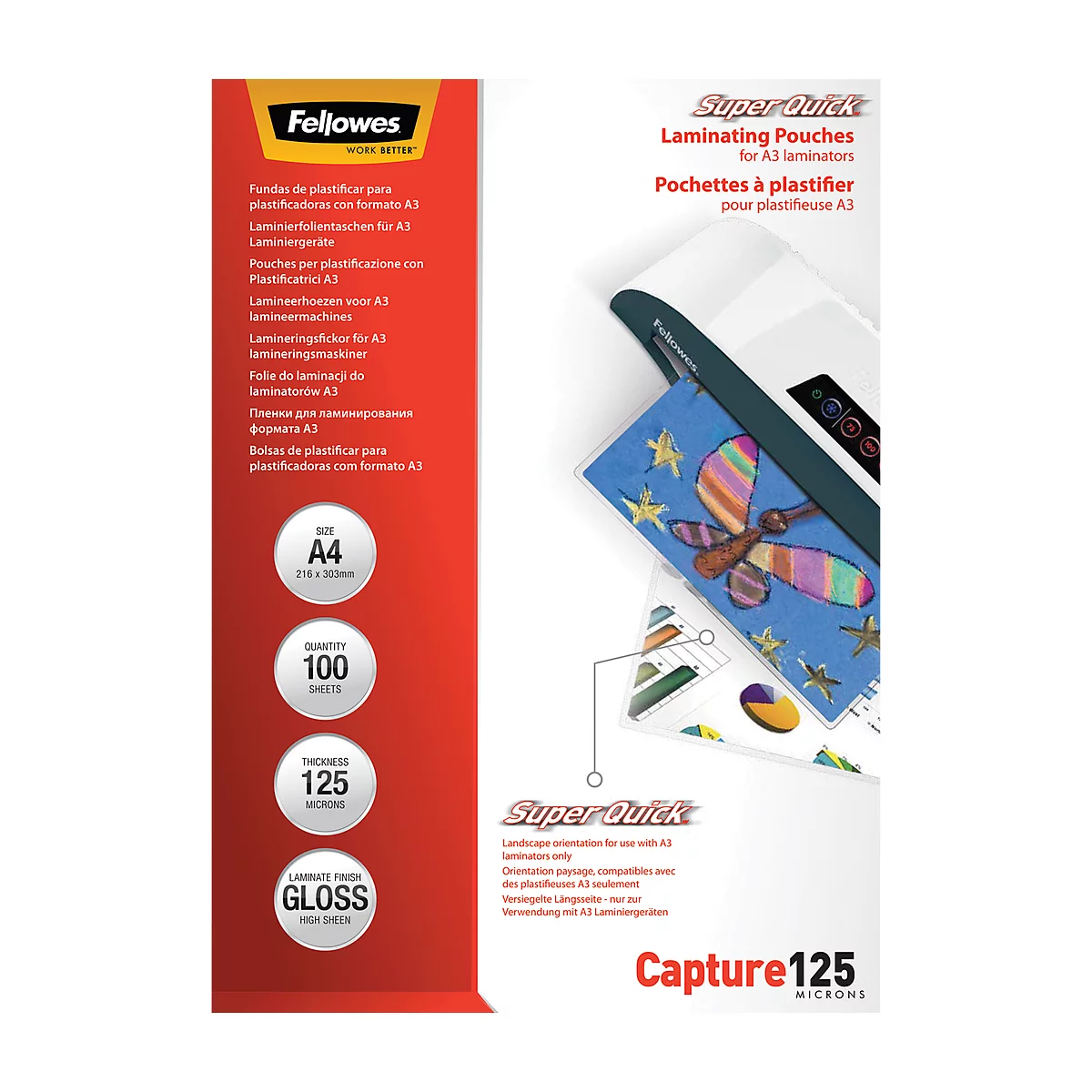 Product packaging of Fellowes Super Quick laminating pouches. The text includes product features and size information.