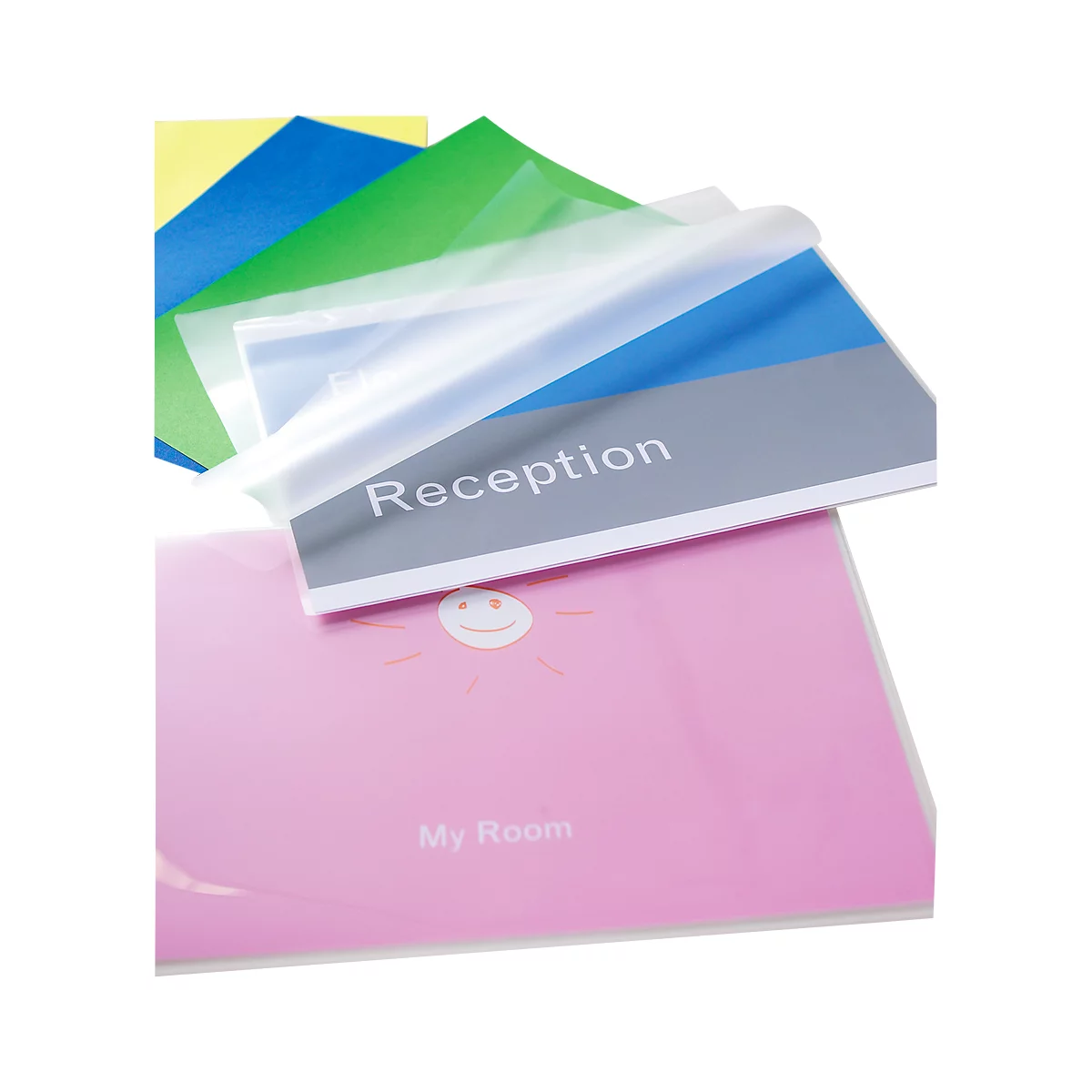 Several colorful sheets of paper with protective films, including: Entrance, my room. A smiling face is depicted on a pink sheet.