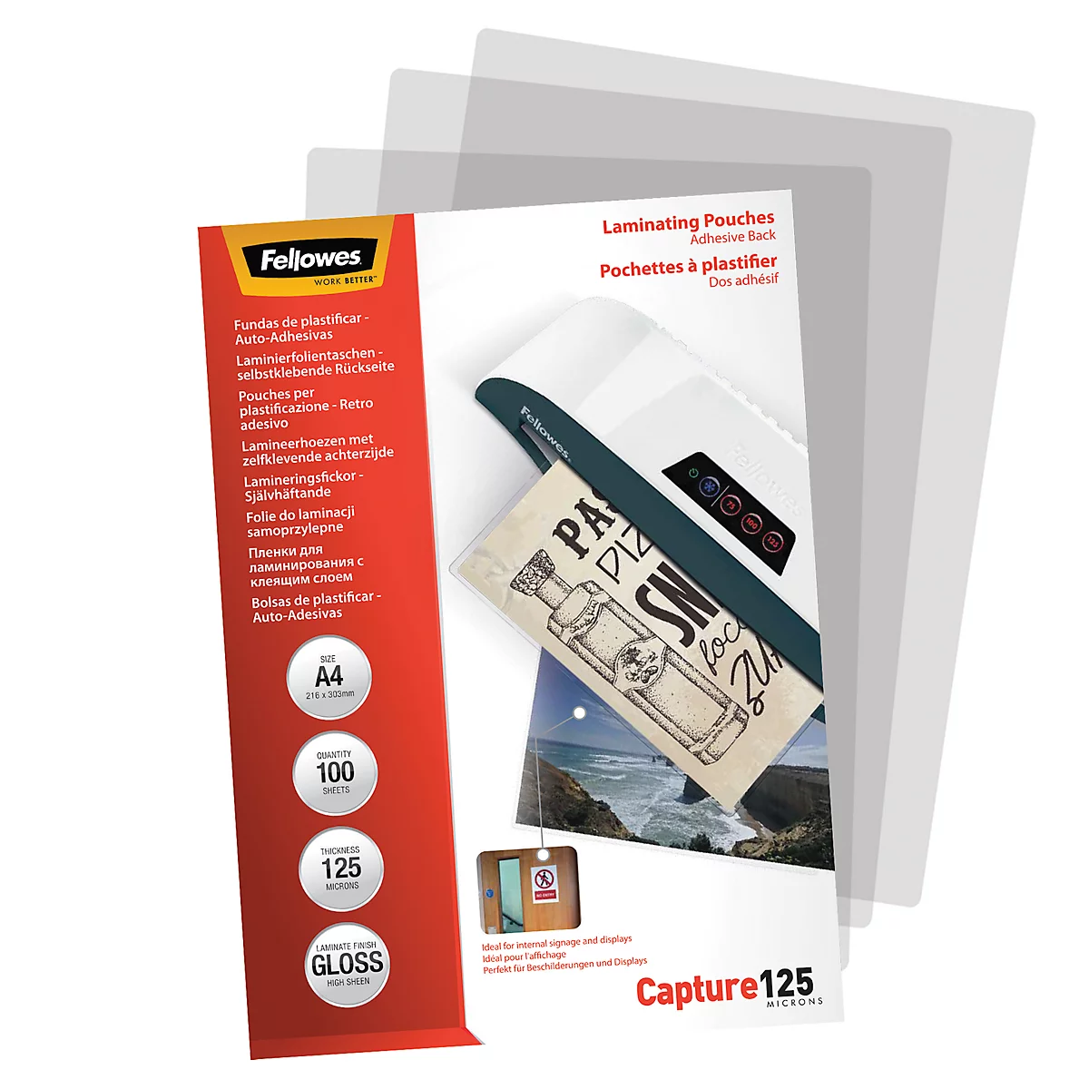 A white background featuring laminating pouches and product packaging. The packaging says Fellowes, A4, 100, 125, GLOSS and Capture125.