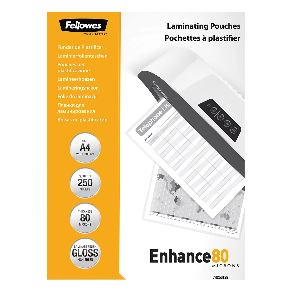 Packaging of laminating pouches. It reads 'Enhance 80 MICRONS' and 'Fellowes'. In the background a laminator with a laminated telephone list sheet.