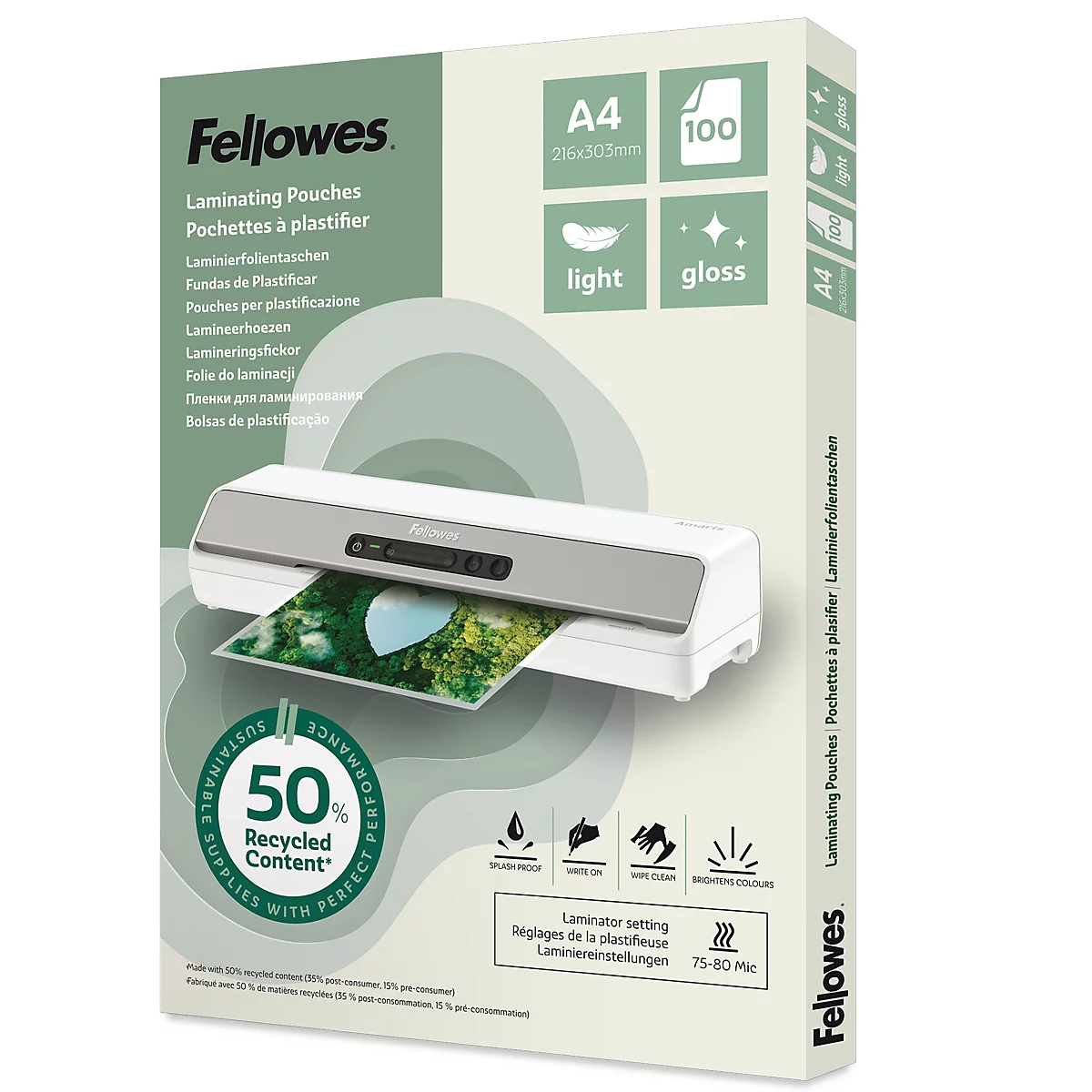 Productverpakking met een lamineermachine, folievellen en technische informatie.